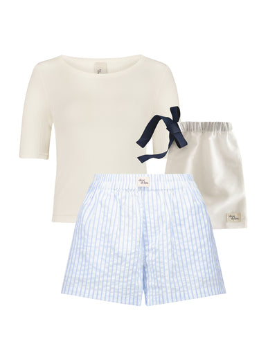 striped boxer short and tee sleep set - ivory/blue